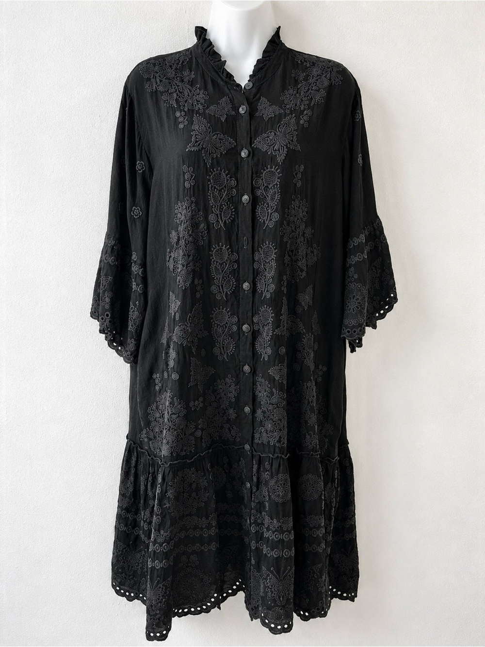 Johnny Was Tunic Dress L Black Embroidered Butterfly Boho